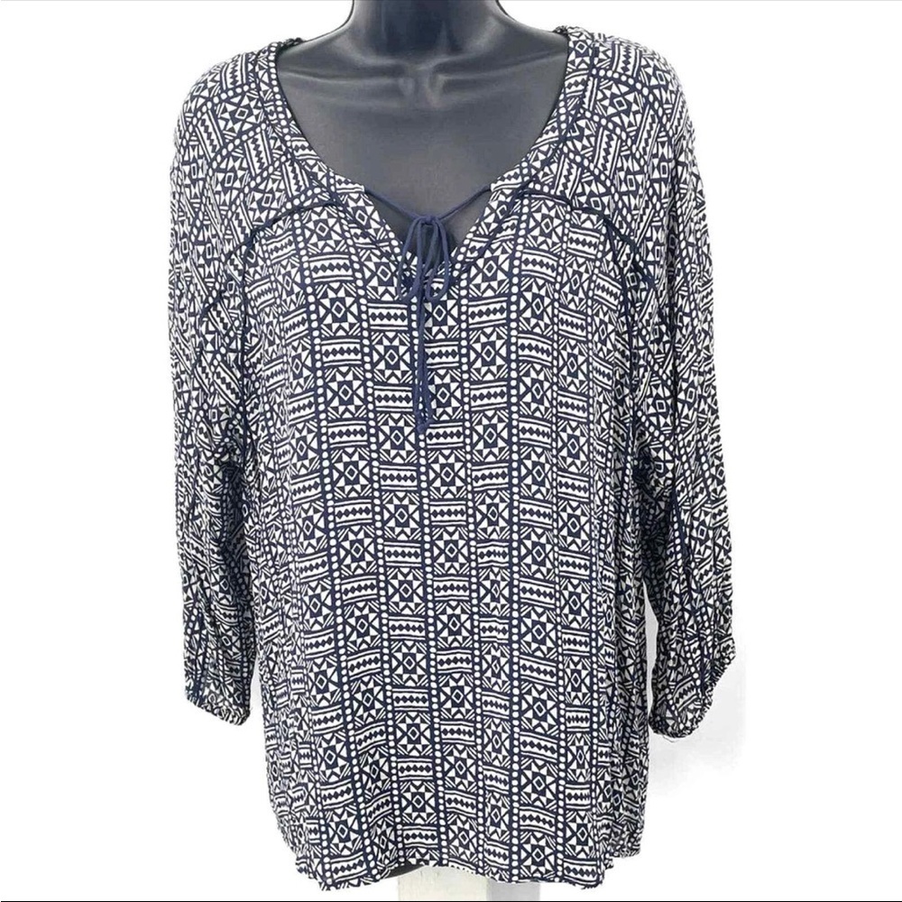 Lucky Brand x John Robshaw Navy & White Boho Print Blouse – Size XL Officewear